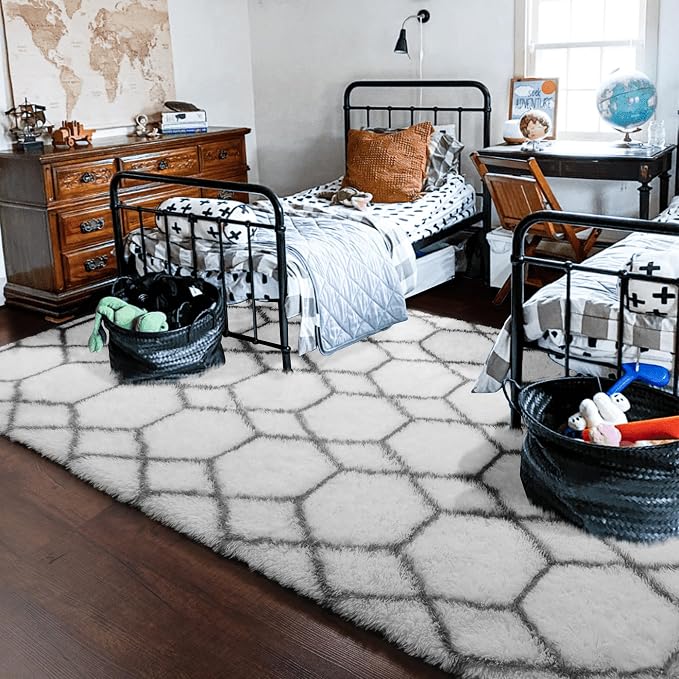 5x7 Area Rugs for Living Room Bedroom, Fluffy White and Grey Geometric Rug | - Image 9