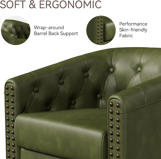 Swivel Barrel Accent Chairs Set of 2, Round Nailhead Faux Leather Living Room - Image 2