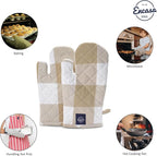 Encasa XO Long 12"x7" Oven Microwave Hand Gloves Mitts (2 pc Set) for Kitchen Cooking & Baking - Heat Resistant, Thick & Safe, Protection of Hands from Hot Utensils - Buffalo Beige Checks