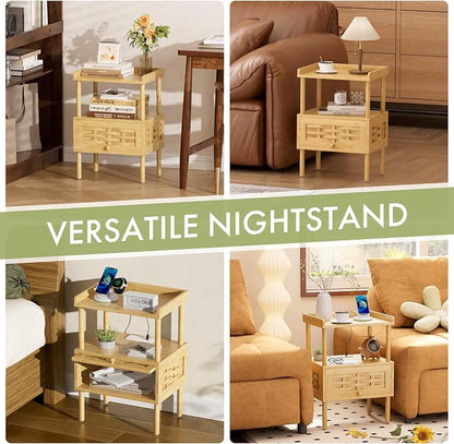 Amazer Nightstand with Charging Station, Bedside Table Bamboo with USB Ports & - Image 7