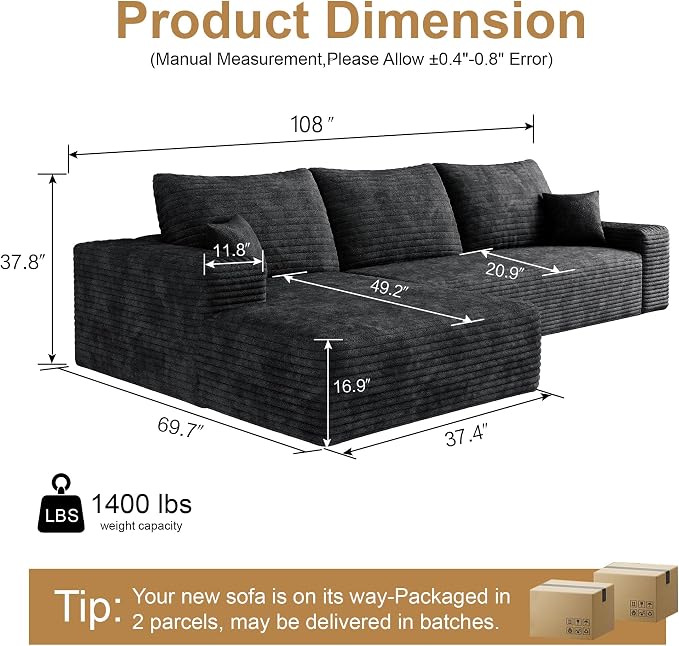 108" Sectional Couches for Living Room Cloud Couch Sofa - Image 2