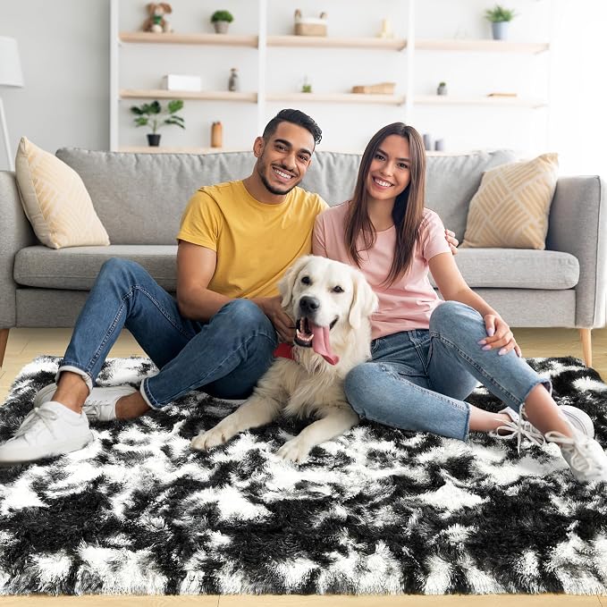 5x7 Tie-Dyed Black and White Fluffy Area Rug Non-Slip - Image 2