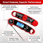Meat Thermometer Digital Wireless with Cooking Tongs for Cooking & Grilling - Ultra-Fast Waterproof Food Thermometer with Backlight & Calibration for BBQ, Candy, Oven, Kitchen Essentials (Black/Red)