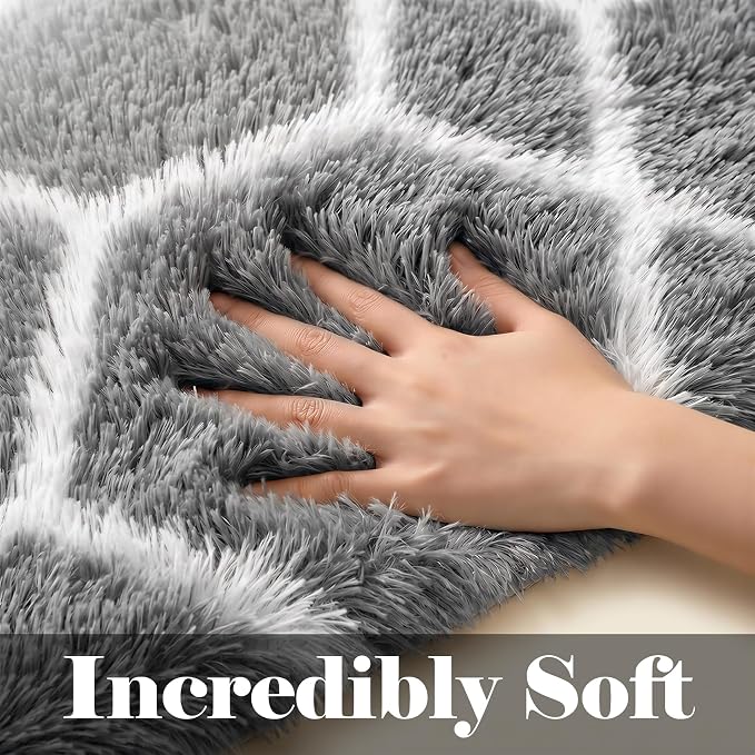 7x9 Area Rugs for Living Room Bedroom, Fluffy Grey and White Geometric Rug | - Image 2