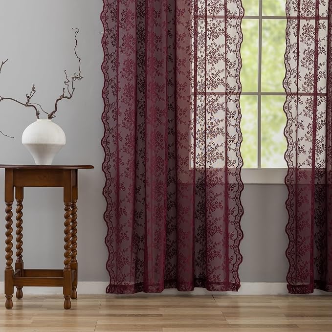 YJ YANJUN Vintage Lace Curtains 96 Inches Long-Victorian Floral Burgundy Xmas - Image 4