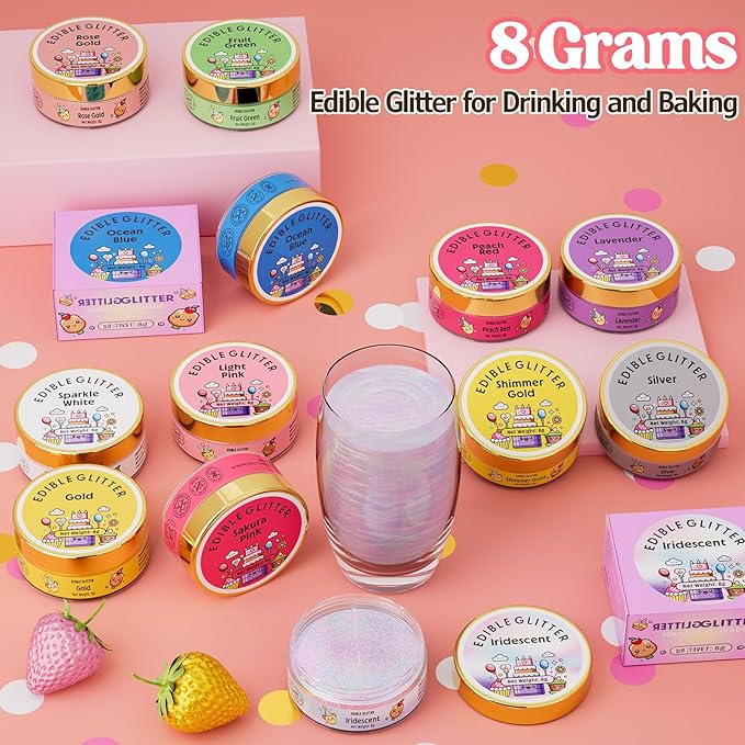 Nomeca Edible Glitter for Drinks Cakes, 8 grams Food Grade Luster Dust Sprinkles Glitter for Cake Decorations, DIY Cocktails, Beverages & Cake Decorating, Dessert Cake Topper (12-Peach Red)