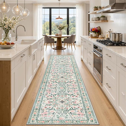 PLHXFR 2.6x10 Washable Runner Rug：Floral Indoor Kitchen Carpet Green Beige | by PLHXFRSoftAreaRugs