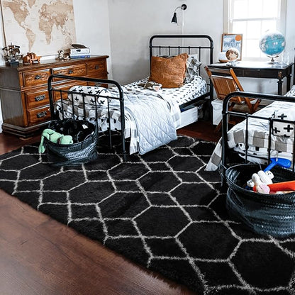 Area Rugs for Living Room, 5x8 Fluffy Black and White Bedroom Geometric Rug | - Image 8