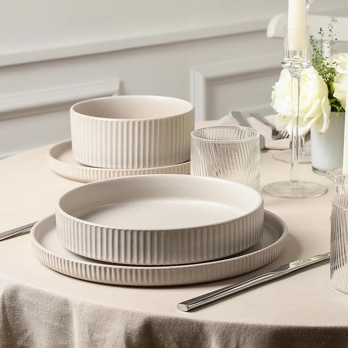 Stone Lain Haven Modern Stoneware 4 Piece Pasta Bowl Sets, Dish Set for 4, Reactive Glaze Beige