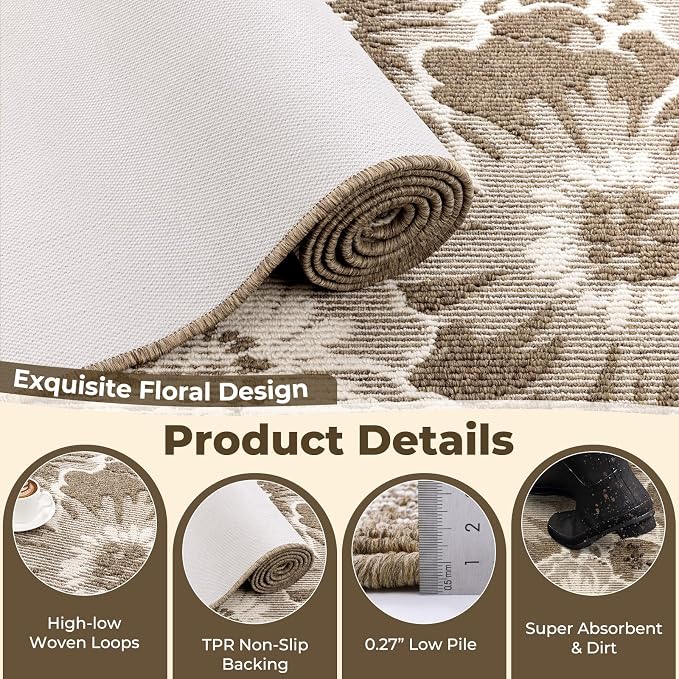 Findosom Hallway Runner Rug 2x6, Non Slip High-Low Textured Floral Washable - Image 3