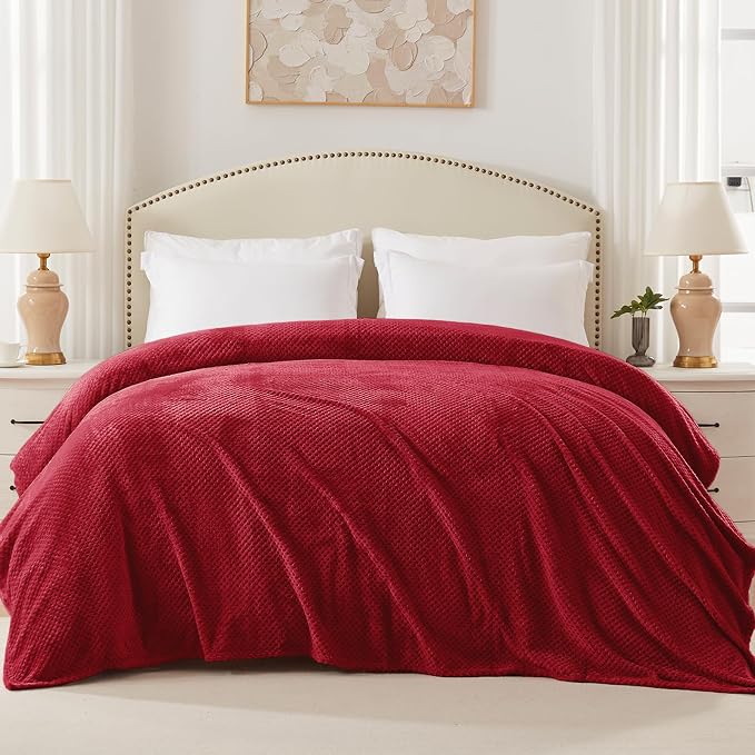 Exclusivo Mezcla Soft Waffle Fleece Bed Blanket Twin Size, Deep Red | - Image 3