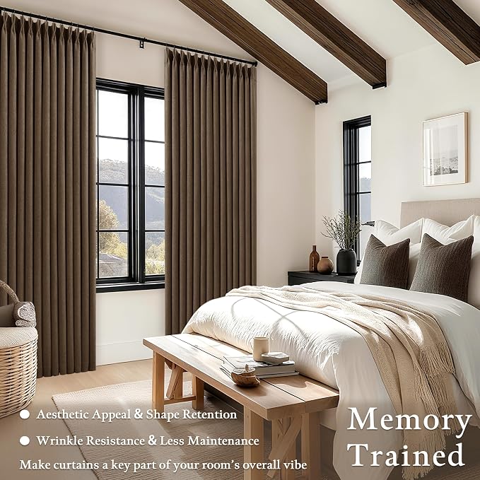 Brown Linen Pinch Pleated Black Out Memory Trained Curtains 102 Inches Long | - Image 4
