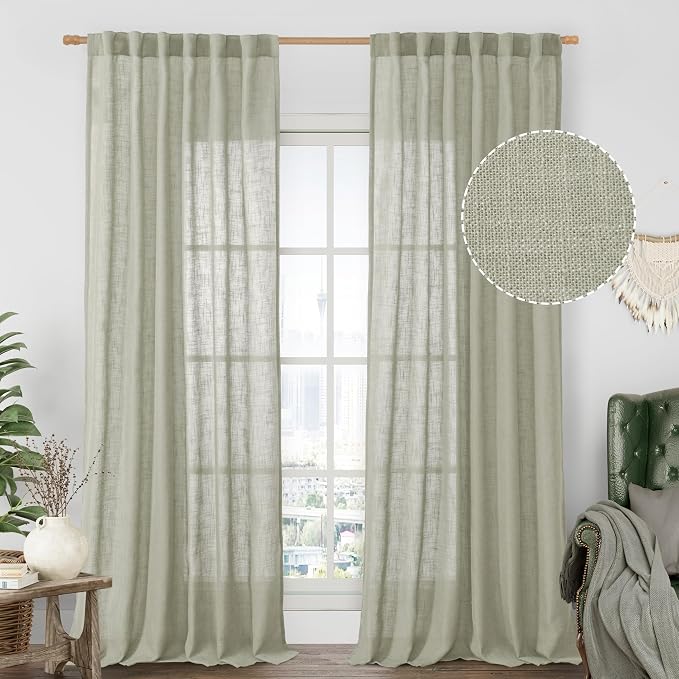 95 Inches Long Sage Grey Linen Curtains by LAMIT