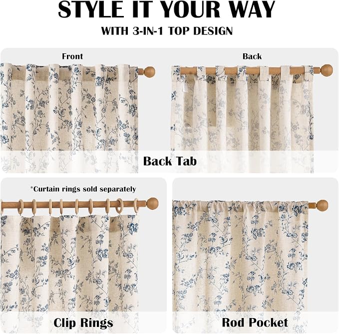 Extra Long Blue Vintage Floral Linen Curtains Farmhouse 2 Panels | Elisa - Image 5