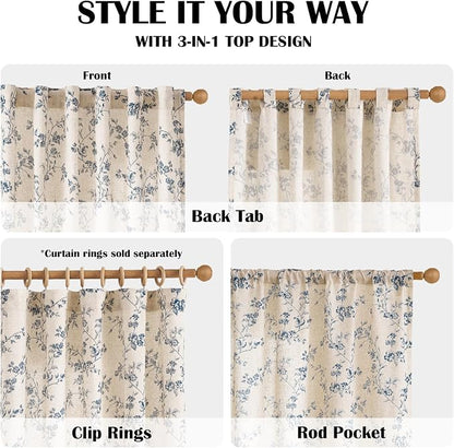 Blue Vintage Floral Linen Curtains Farmhouse 38W X 63L 2 Panels | Elisa Series - Image 5