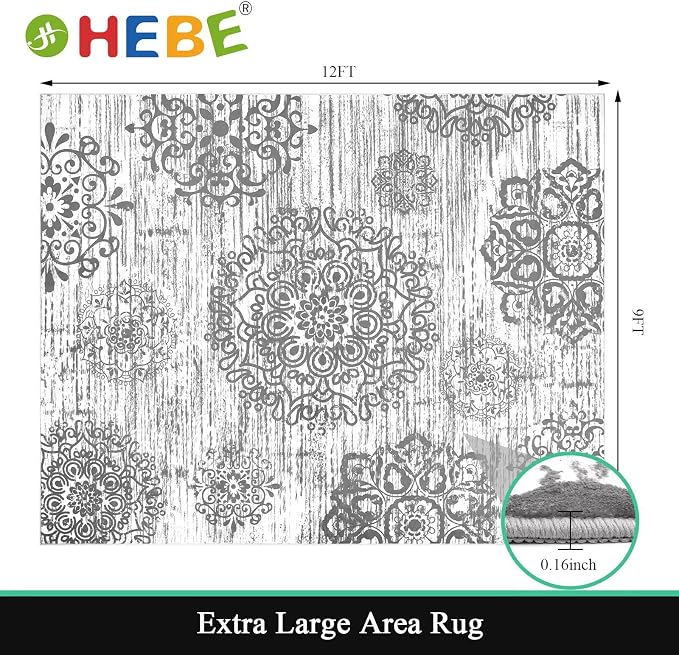 HEBE Area Rug for Living Room 9'x12', Washable Non Slip Boho Bedroom Rug | - Image 2