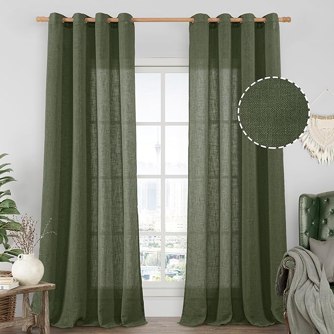 Olive Green Sheer Linen Curtains 84 Inches Long by LAMIT