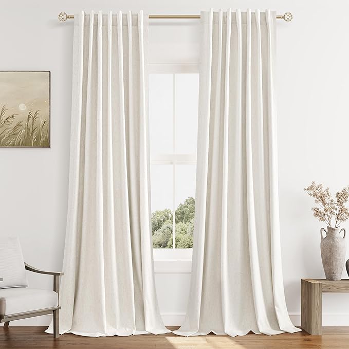 Beige White 100% Blackout Linen Curtains 126 Inch Length 2 Panels Set by Guken