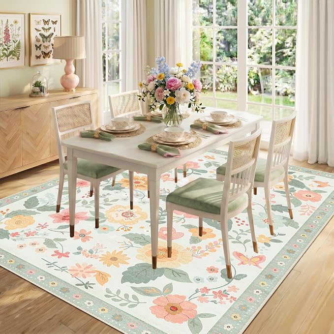 RELEANY Floral Washable 5x7 Area Rugs Beige/Green | Flower Carpet Print Boho - Image 9