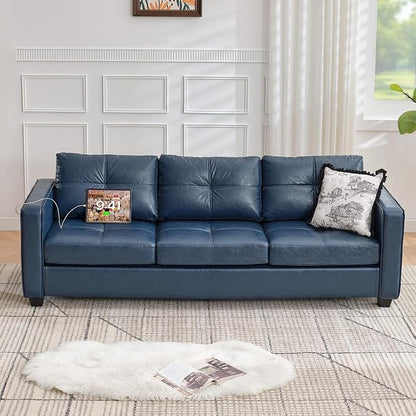 TYBOATLE 88" W Faux Leather Couch w/Side Pockets, Mid-Century Modern Tufted - Image 8