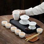 ICHAG Chinese Tea Set, Gongfu Tea Sets for Adults, China Gaiwan Teaset, 14-Piece Yangzhi Jade (茶具) Porcelain Set with Suspended Gaiwan & Tea Pet, Portable Travel Teaset for Home, Outdoor, Office Gifts