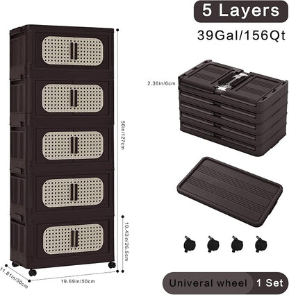 Folding Storage Cabinet with Wheels, 5-Tier Narrow Retro Brown Storage Tower - Image 2