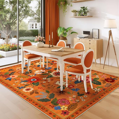 RELEANY Floral Washable 5x7 Area Rugs BurntOrange | Flower Carpet Print Boho - Image 9