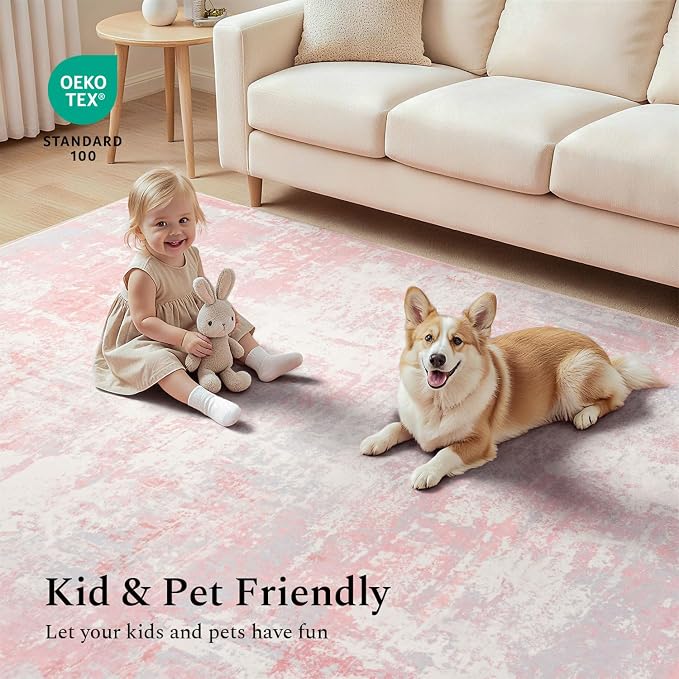 Rugflix 8x10 Area Rugs for Bedroom, Washable Pink Large Rug | Machine Washable; - Image 6