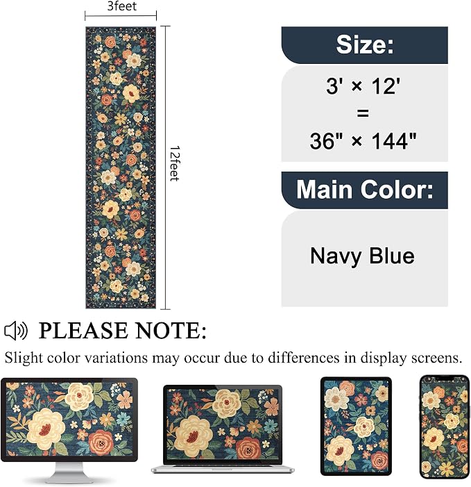 DUKINO 3x12 Washable Runner Rug Long Hallway Runner Rug Non Slip Navy Blue | - Image 2