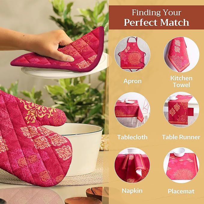 Maison d' Hermine 100% Cotton Oven Mitt & Pot Holder Set (7.5"x13" & 8"x8") Heat Resistant BBQ Cooking Gloves with Loop, Baking, Grilling, Kitchen, Handling Hot Pans (Versailles)
