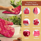 Maison d' Hermine 100% Cotton Oven Mitt & Pot Holder Set (7.5"x13" & 8"x8") Heat Resistant BBQ Cooking Gloves with Loop, Baking, Grilling, Kitchen, Handling Hot Pans (Versailles)