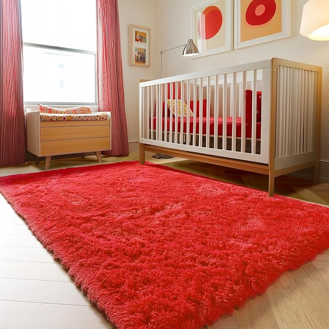 Red Rugs for Living Room Bedroom, 5x8 Fluffy Bedside Area Rug, Soft Plush - Image 6