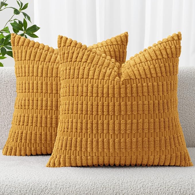 MIULEE Corduroy Decorative Throw Pillow Covers 18x18 Gold Yellow Pack of 2 | by MIULEE