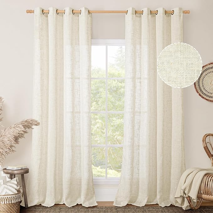 Linen Sheer Curtains 96 inches Long 2 Panel Set, Light Filtering Neutral Living by LAMIT