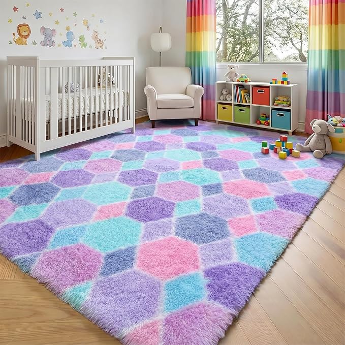 Checkered 8x10 Area Rugs for Living Room, Fluffy Purple Rainbow Girls Rug | - Image 9