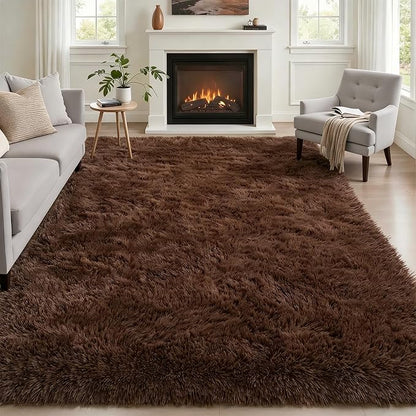 Area Rug Living Room Bedroom: 6x9 Fluffy Plush Shag Carpet Brown | by Luxturiy