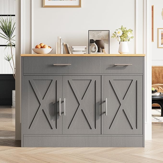 Vongrasig Sideboard Buffet Cabinet with Storage, 43” Farmhouse Coffee Bar Storage Cabinet with Drawers and Shelves, Modern Buffet Table for Kitchen, Dining Room, Grey