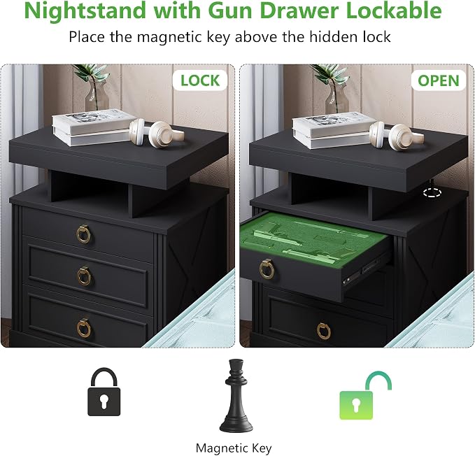 HNEBC Nightstand with Gun Drawers, LED Farmhouse Night Stand with Charging - Image 6
