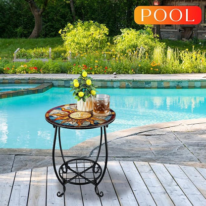 Cinnvoice Outdoor Side Table Round Small Mosaic Patio Accent Indoor End Plant - Image 5