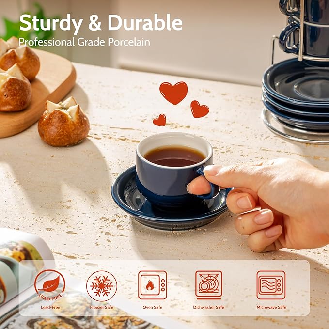 Sweese 2.5 Ounce Porcelain Stackable Espresso Cups with Saucers and Metal Stand Set of 4, Navy