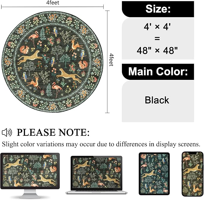DUKINO 4ft Round Rug, Washable Animal Small Round Area Rug Non Slip, - Image 2