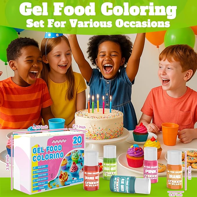 Gel Food Coloring - 20 Colors Gel Food Dye Set, Flavorless Vibrant Edible Concentrated Coloring for Baking, Cake, Cookie, Fondant, Icing, Macaron, Frosting - 0.45 Fl.Oz Bottles