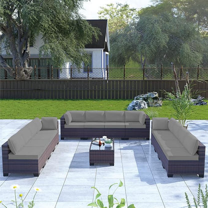 Kullavik 14 Pieces Outdoor Patio Furniture Set, Sectional Rattan Sofa Set Brown - Image 6