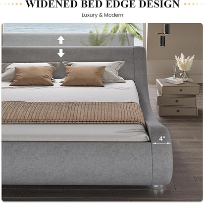 SHA CERLIN King Size Upholstered Bed Frame, Deluxe Low Profile Sleigh Bed - Image 7