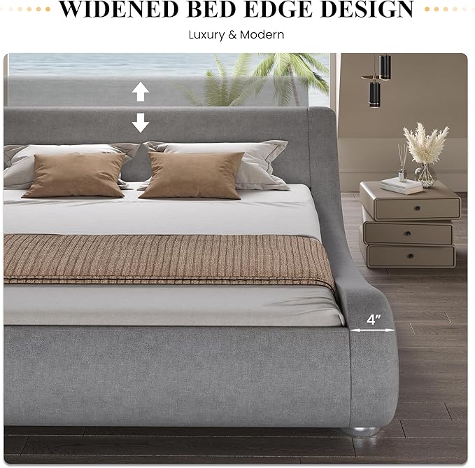 SHA CERLIN Queen Size Upholstered Bed Frame, Deluxe Low Profile Sleigh Bed - Image 7