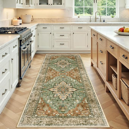 RELEANY Washable Area Rug, Runner 3'x6', Brick/Brown/Green | Non-Slip, Water by RELEANY