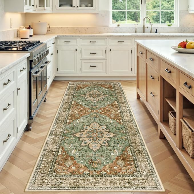RELEANY Washable Area Rug, Runner 3'x7', Brick/Brown/Green | Non-Slip, Water by RELEANY