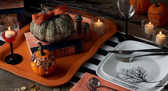 Corelle Vitrelle 18-Piece Service for 6 Dinnerware Set Triple Layer Glass and Chip Resistant, Lightweight Square Plates and Bowls Set, Timber Shadows