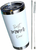 Best Mom Ever Tumbler Gift. 20 Oz Insulated Stainless Steel With Lid, Straw & Brush. Gift Idea For Mom Birthday, Mother's Day Gift Travel Mug Or New Mom Christmas Gift. Laser Engraved.(White)