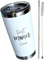 Best Mom Ever Tumbler Gift. 20 Oz Insulated Stainless Steel With Lid, Straw & Brush. Gift Idea For Mom Birthday, Mother's Day Gift Travel Mug Or New Mom Christmas Gift. Laser Engraved.(White)